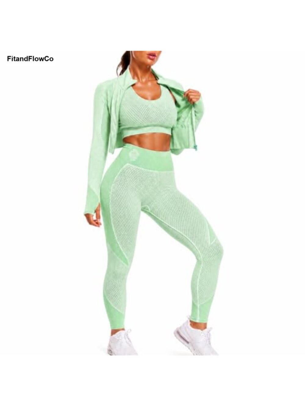 3 Piece Seamless Workout Set Crop Jacket Sports Bra High Waisted Leggings